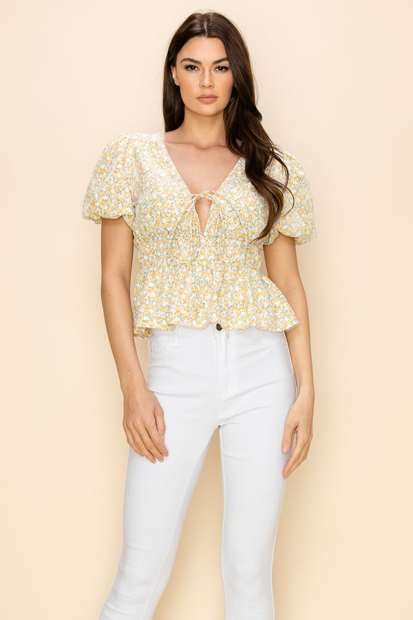 Puff short sleeve floral print top