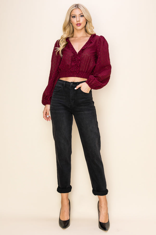 Long Puff Sleeves Ruffle V-Neck Crop Top