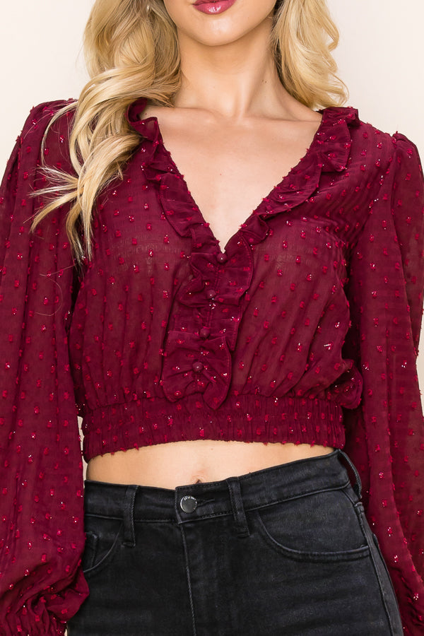 Long Puff Sleeves Ruffle V-Neck Crop Top