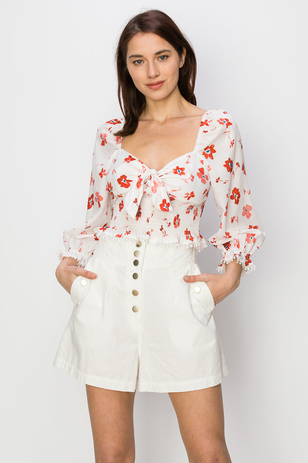 Ruffled elastic cuffs and smocked waist Floral print top