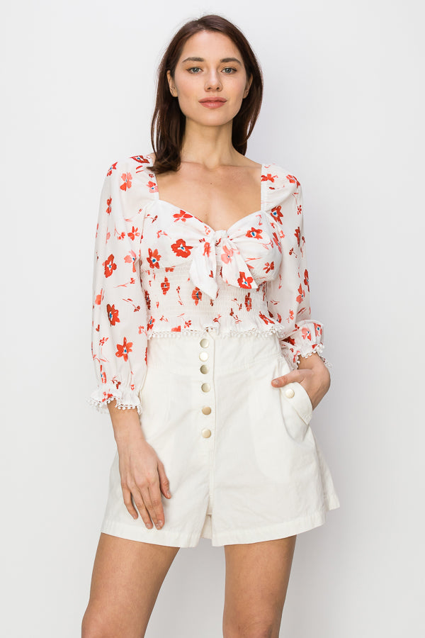 Ruffled elastic cuffs and smocked waist Floral print top