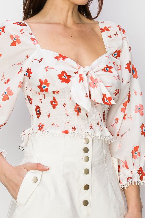 Ruffled elastic cuffs and smocked waist Floral print top