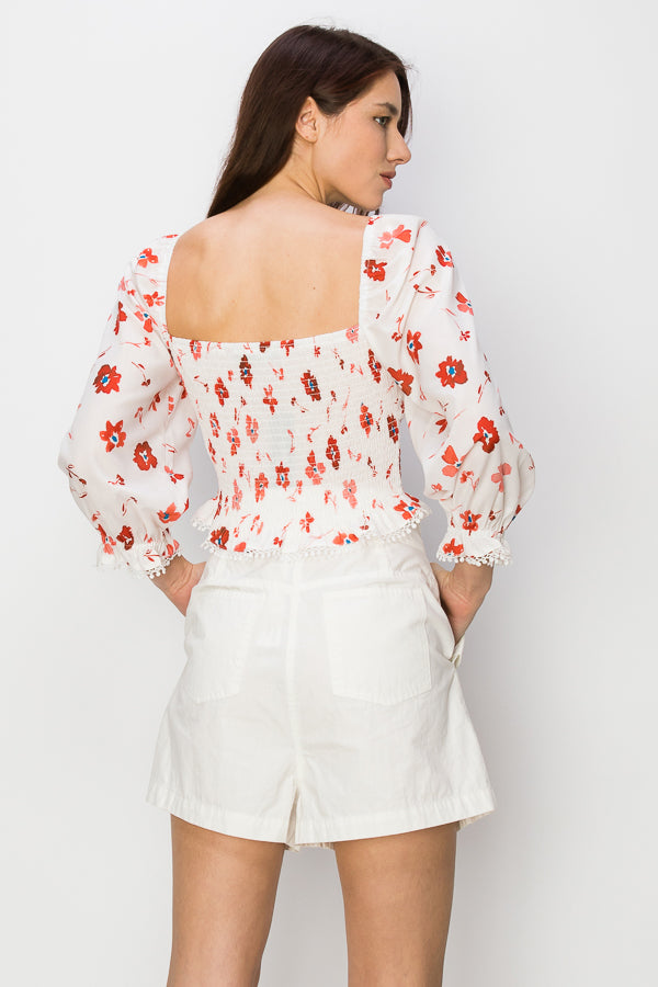 Ruffled elastic cuffs and smocked waist Floral print top