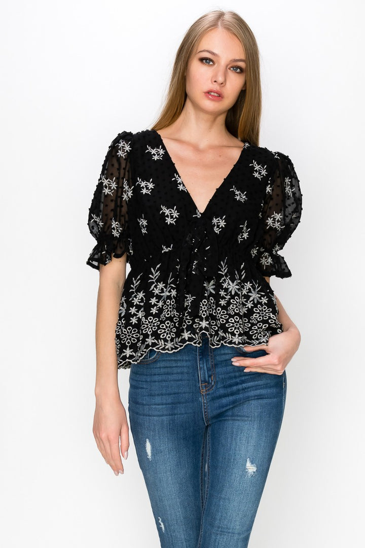 V Neck Puff Short Sleeve Embroidery Top With Self Tie Bow