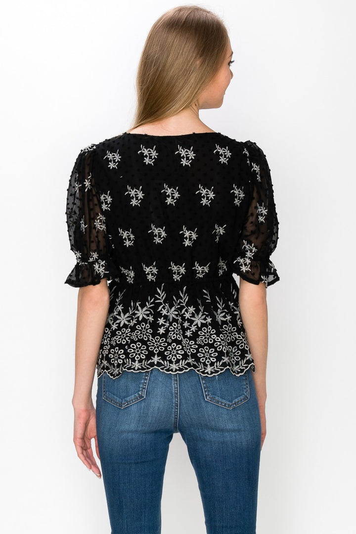 V Neck Puff Short Sleeve Embroidery Top With Self Tie Bow