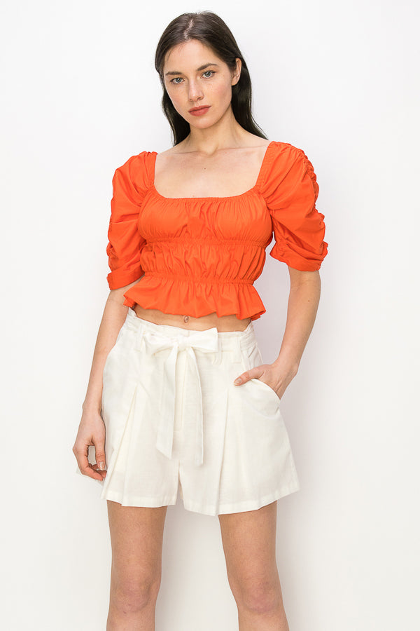 Cotton Square neck puff sleeve smocked crop top