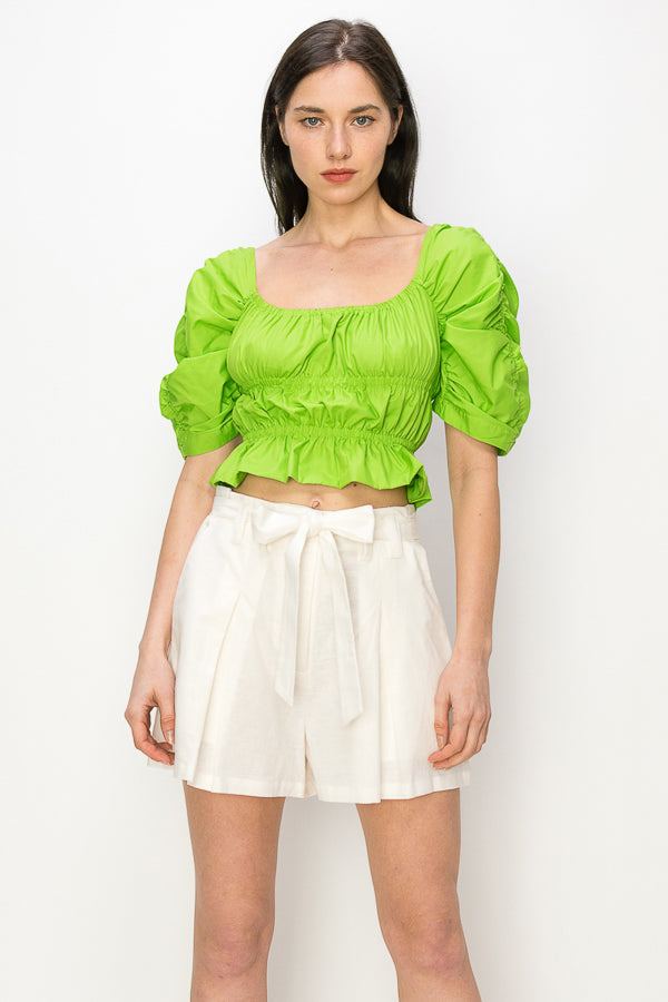 Cotton Square neck puff sleeve smocked crop top