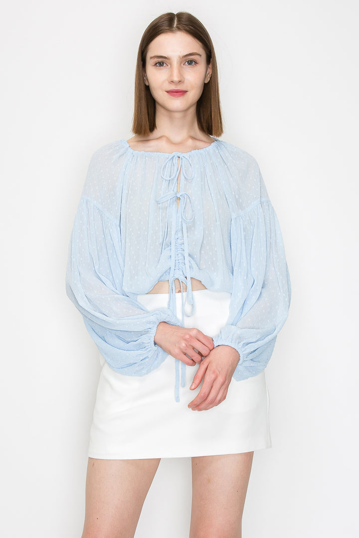 Long sleeve dots jacquard chiffon blouse top