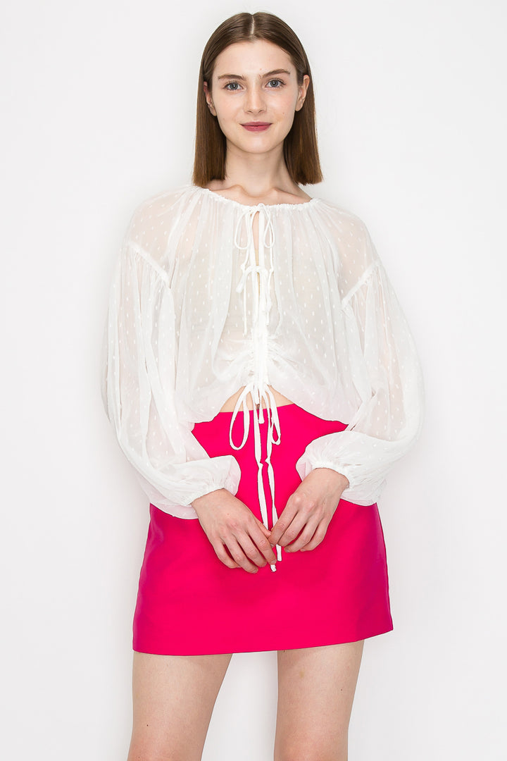 Long sleeve dots jacquard chiffon blouse top