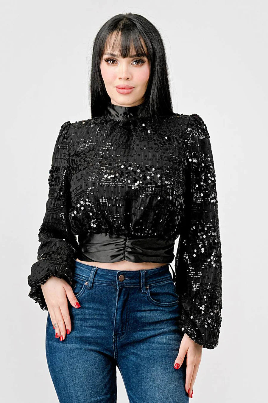 LUXE SEQUINS TEXTURE SATIN OPEN BACK TIE CROPPED TOP