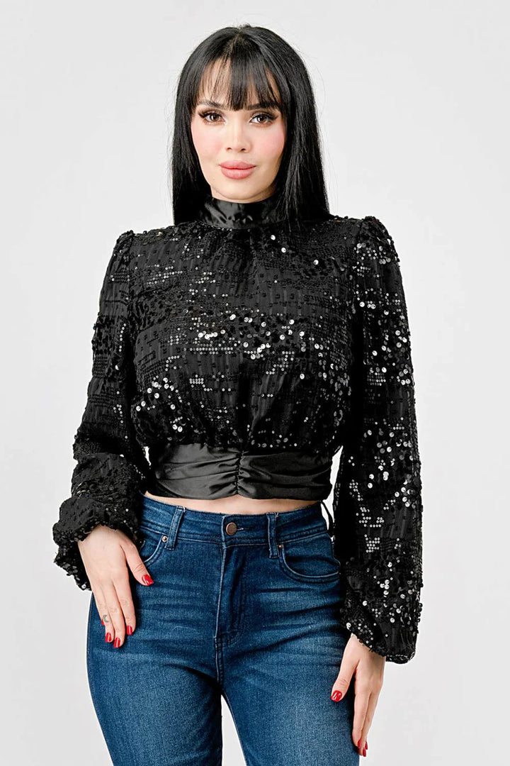 LUXE SEQUINS TEXTURE SATIN OPEN BACK TIE CROPPED TOP