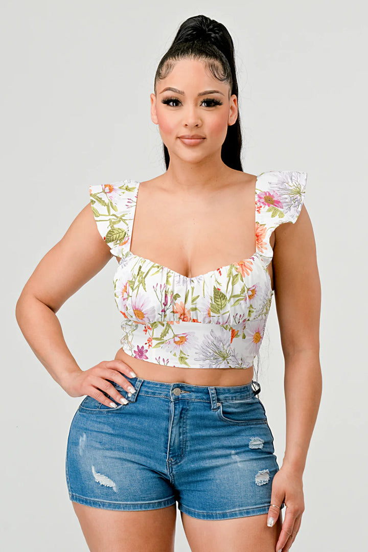 FLORAL SWEETHEART RUCHED FLUTTER SLEEVES CROPPED TOP