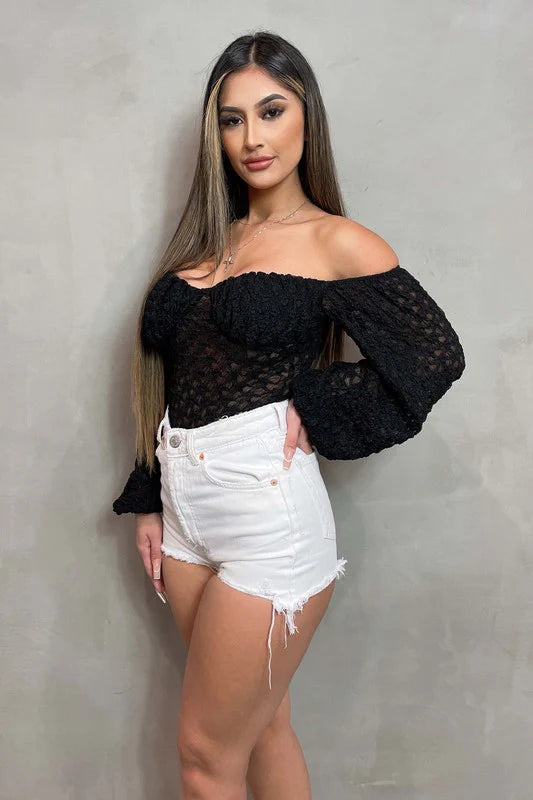 LUXE SHEER LACE OFF SHOULDER LONG SLEEVE BODYSUIT