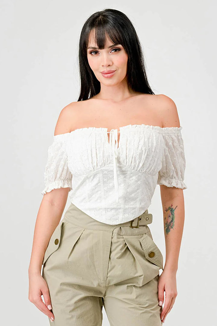 EYELET WOVEN RUFFLED OFF SHOULDER RUCHED SWEETHEART CROPPED TOP