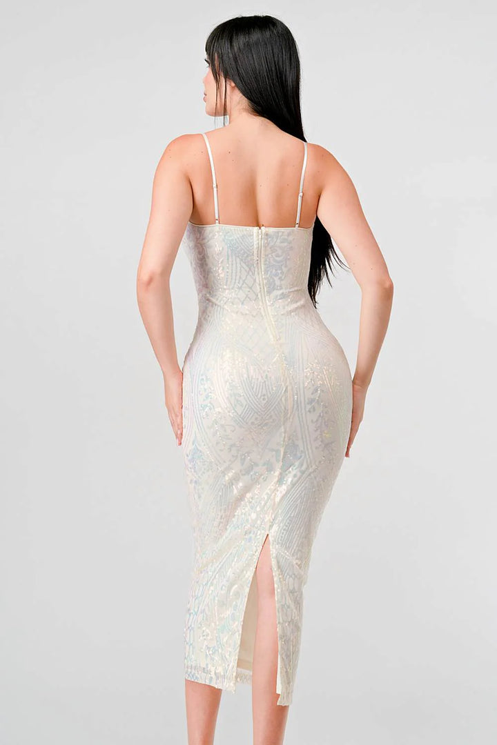 ENCHANTING PATTERN SEQUINS EMBELLISHED BACK SLIT MIDI DRESS