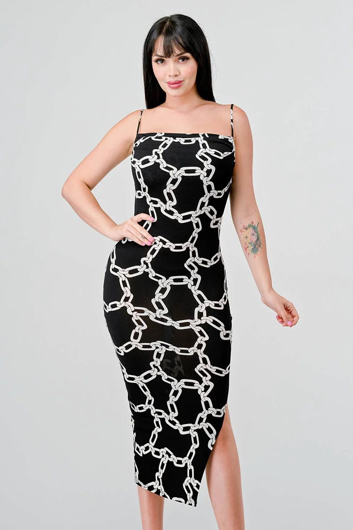 CHIC ALL OVER CHAIN PRINTED SIDE SLIT MIDI DRESS