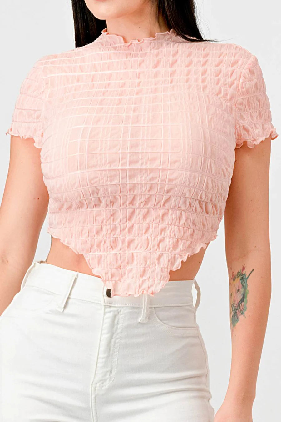 TEXTURED RUFFLED HEM KEYHOLE BACK ASYMMETRICAL CROPPED TOP