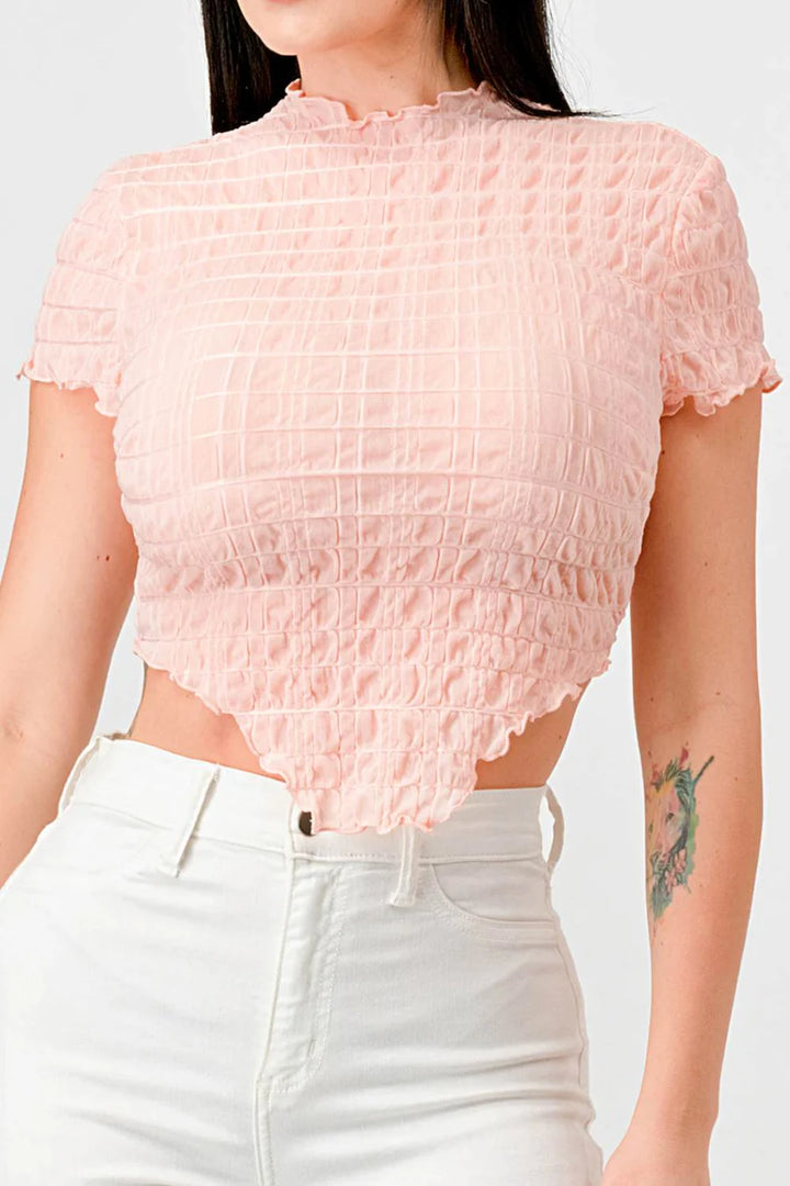 TEXTURED RUFFLED HEM KEYHOLE BACK ASYMMETRICAL CROPPED TOP