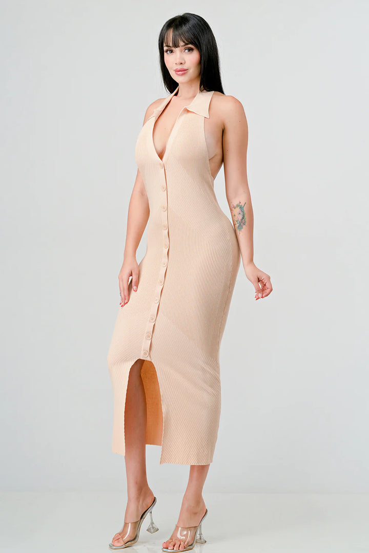 SEXY RIB KNIT BUTTON EXPOSED BACK MIDI DRESS