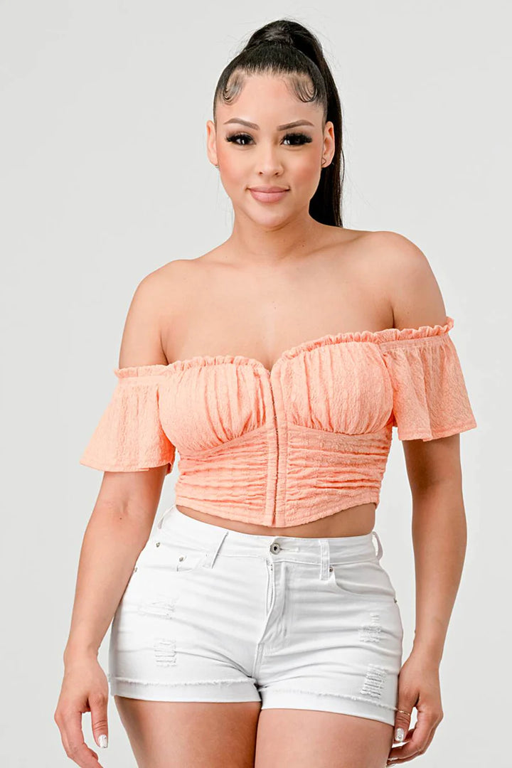 PATTERN KNIT HOOKED RUCHED OFF SHOULDER CROP TOP