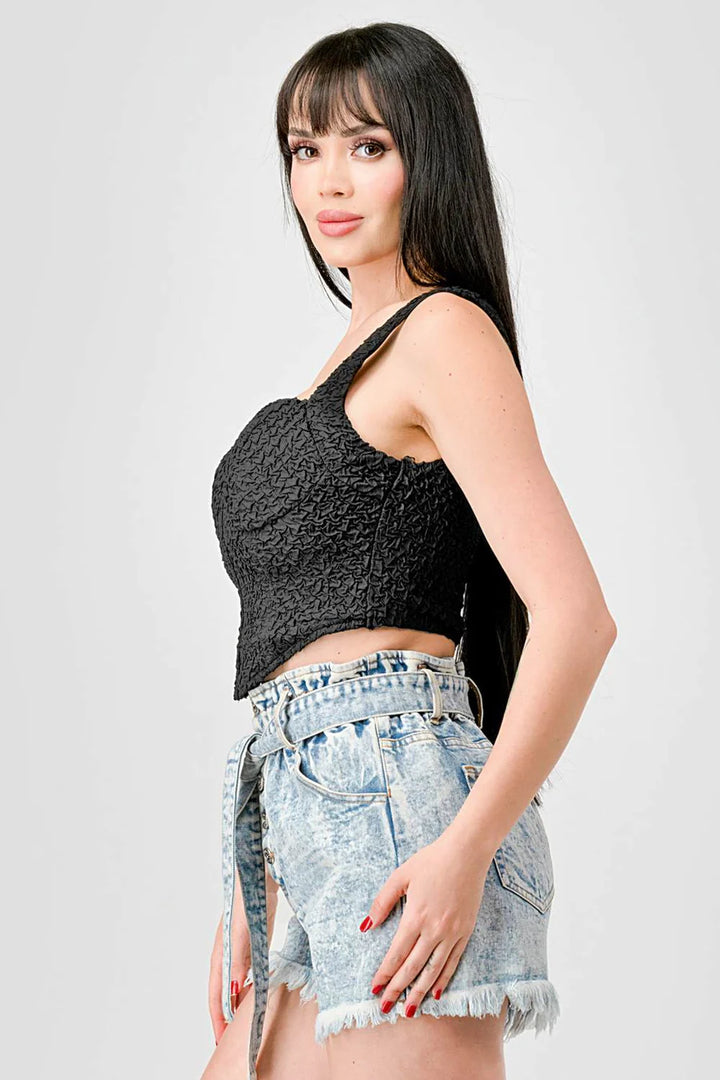 CRINKLE STRETCH KNIT SWEETHEART HOOKED BUSTIER CROPPED TOP