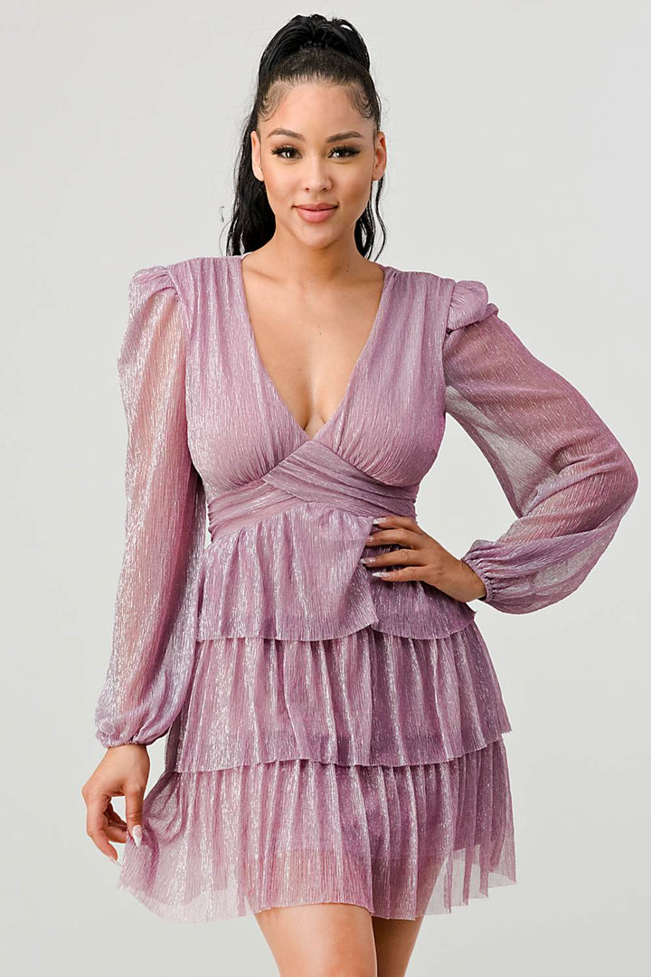 LUX FANTASY GLITTER DEEP V-NECK TIERED PEASANT SLEEVES FIT AND FLARE RUFFLED MINI DRESS