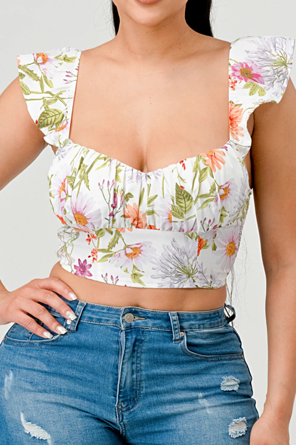 FLORAL SWEETHEART RUCHED FLUTTER SLEEVES CROPPED TOP