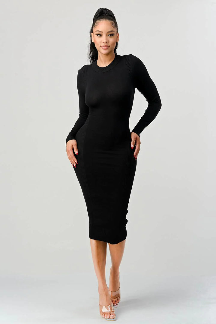 RIB SWEATER KNIT BACK WAIST TIE LONG SLEEVES BODYCON MIDI DRESS