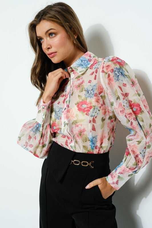 Long Puff Sleeve Floral Print Blouse Top