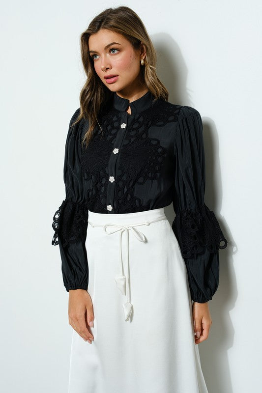 High Neck Long Sleeves Lace Blouse Top