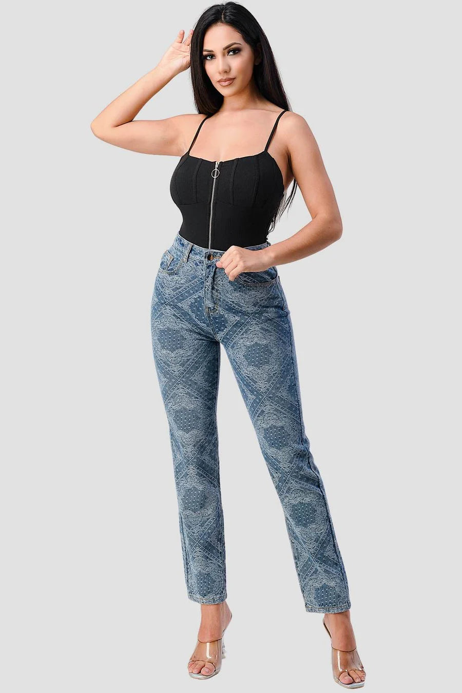 PRINT WASH HIGH WAISTED STRAIGHT LEG JEANS