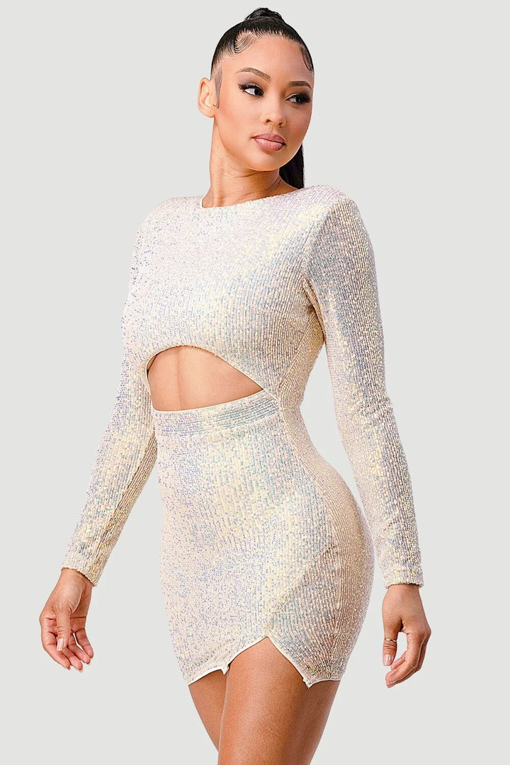 SHINY SEQUINS CUTOUT WAIST SMALL SLIT BODYCON MINI DRESS