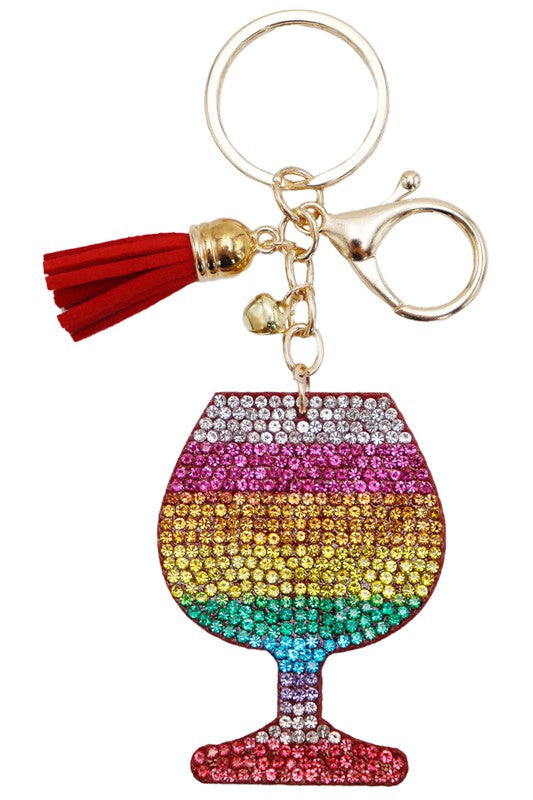 Wine Glass Rainbow Bling Rhinestone Felt Key Chain