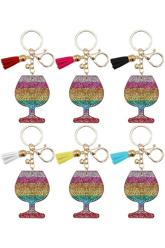 Wine Glass Rainbow Bling Rhinestone Felt Key Chain