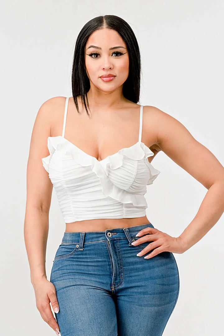 MESH CONTRAST RUCHED SWEETHEART WITH CHIFFON CAMISOLE RUFFLED CROPPED TOP