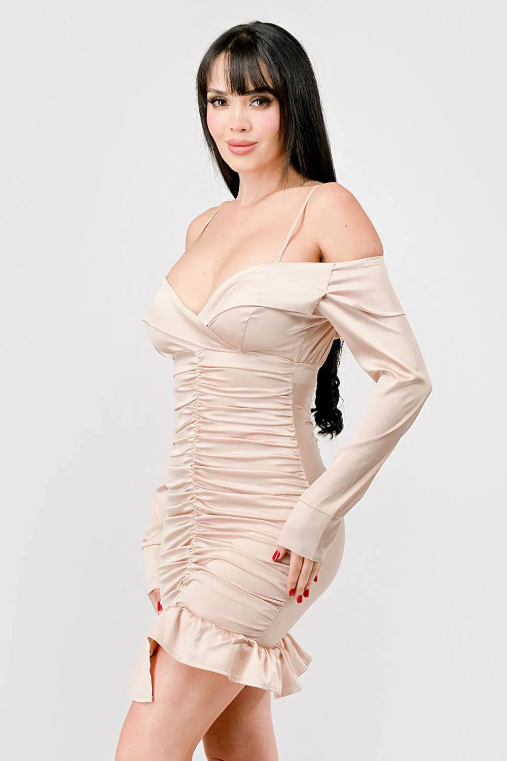 Off Shoulder Ruched Satin Mini Dress