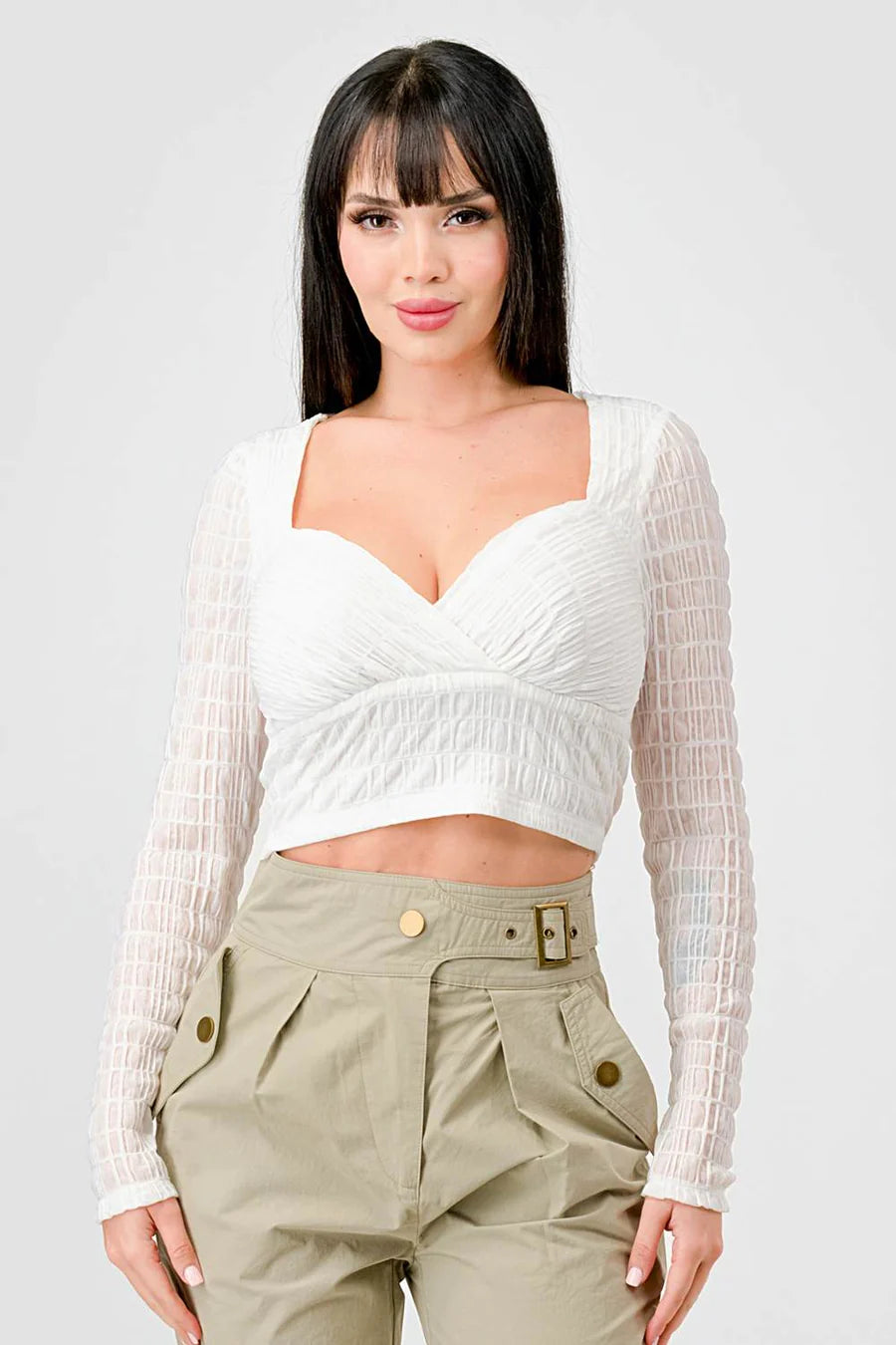 TEXTURED SWEETHEART LONG SLEEVES CROPPED TOP