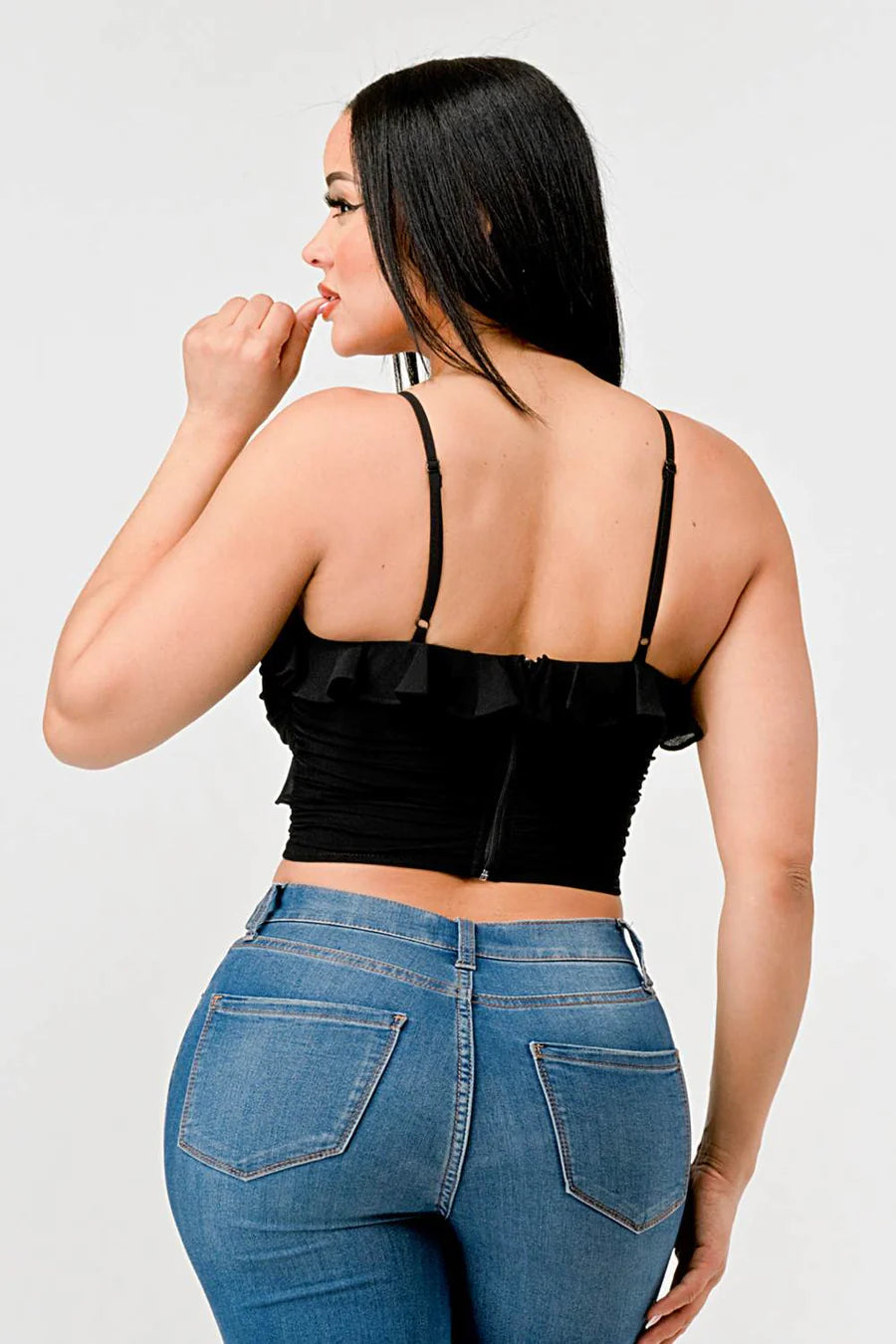 MESH CONTRAST RUCHED SWEETHEART WITH CHIFFON CAMISOLE RUFFLED CROPPED TOP