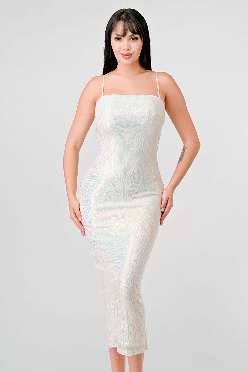 ENCHANTING PATTERN SEQUINS EMBELLISHED BACK SLIT MIDI DRESS