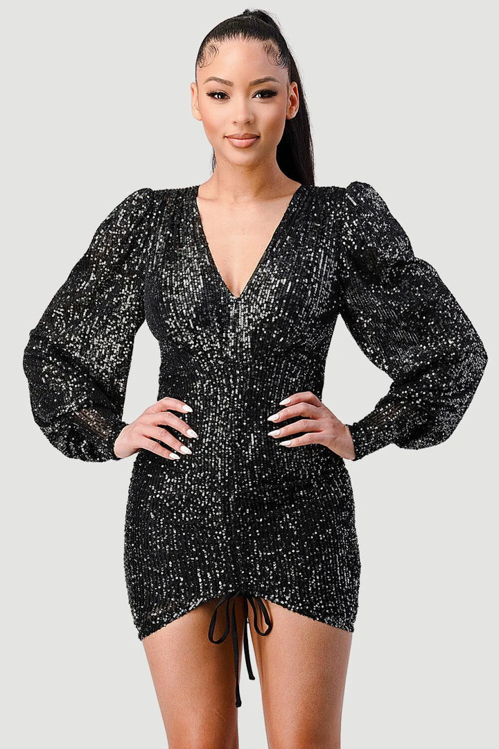 CHIC SEQUIN FRONT DRAWSTRING BISHOP LONG SLEEVE MINI DRESS