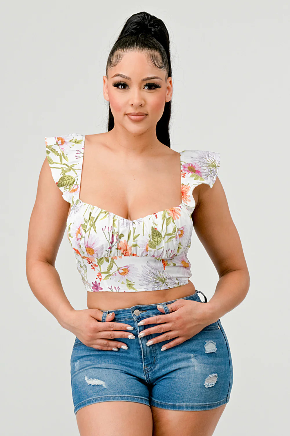 FLORAL SWEETHEART RUCHED FLUTTER SLEEVES CROPPED TOP