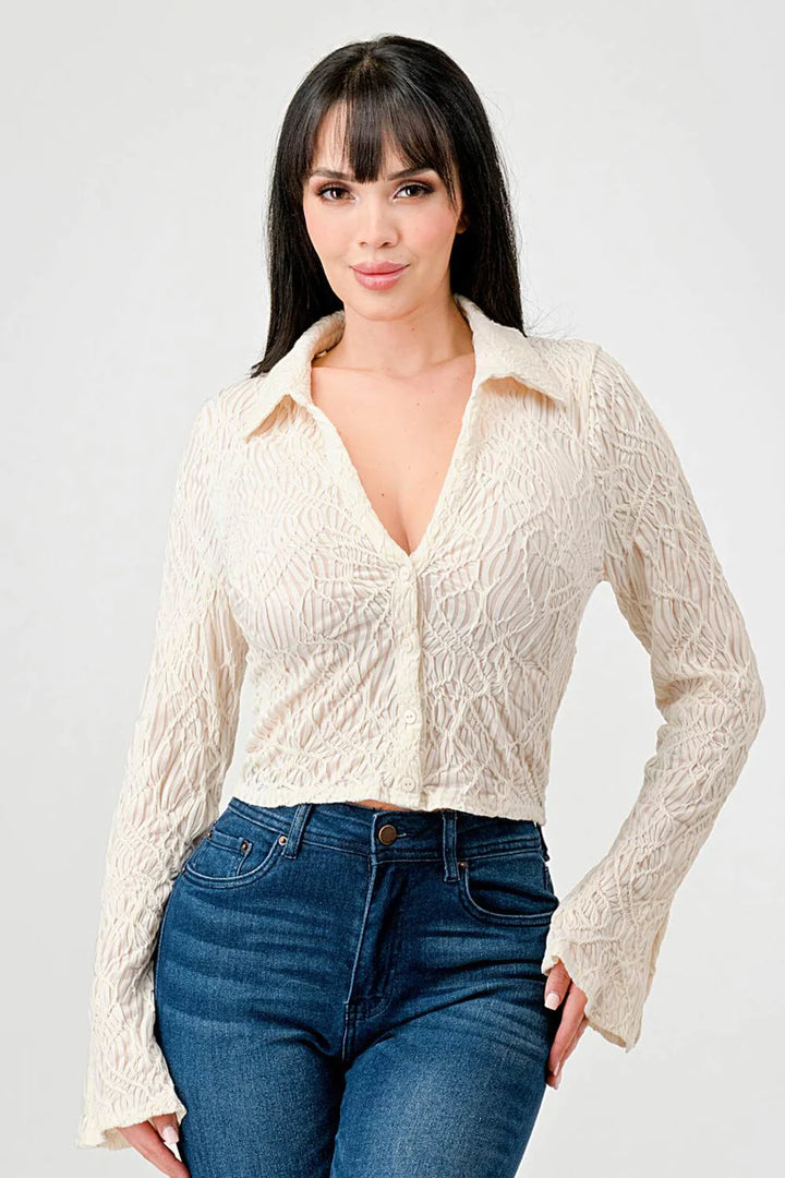 TEXTURED MESH V NECK COLLARED BUTTON DOWN BELL SLEEVES BLOUSE TOP