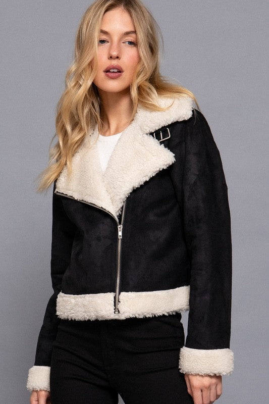 FAUX SUEDE INNER FUR BIKER JACKET