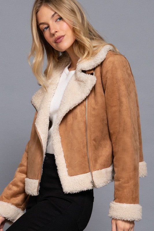 FAUX SUEDE INNER FUR BIKER JACKET