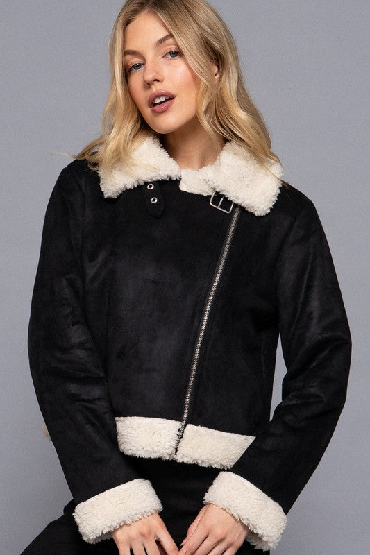 FAUX SUEDE INNER FUR BIKER JACKET