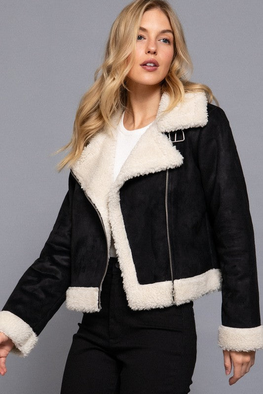 FAUX SUEDE INNER FUR BIKER JACKET