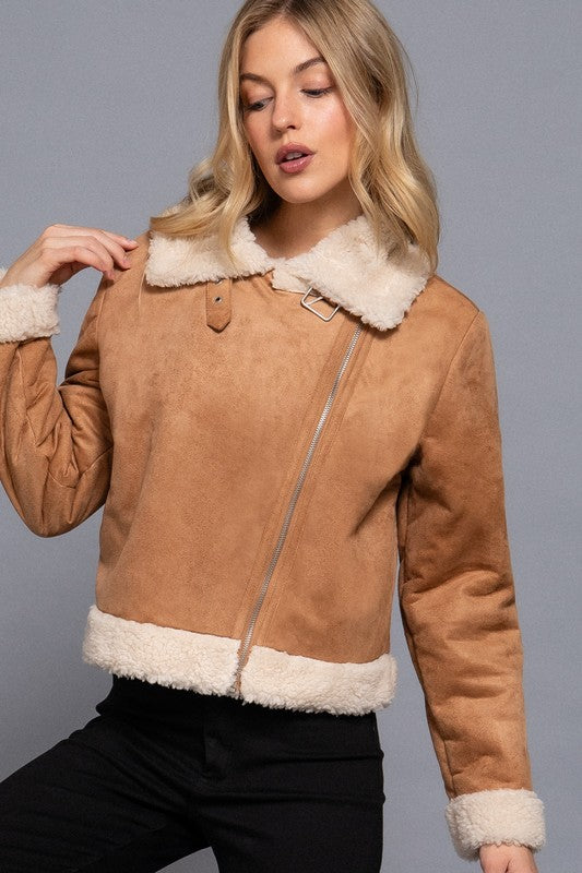 FAUX SUEDE INNER FUR BIKER JACKET