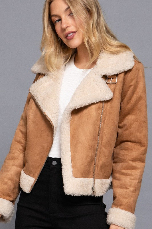 FAUX SUEDE INNER FUR BIKER JACKET