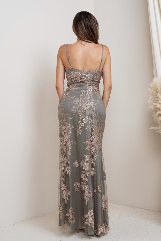 FLORAL GLITTER SURPLICE FITTED MAXI