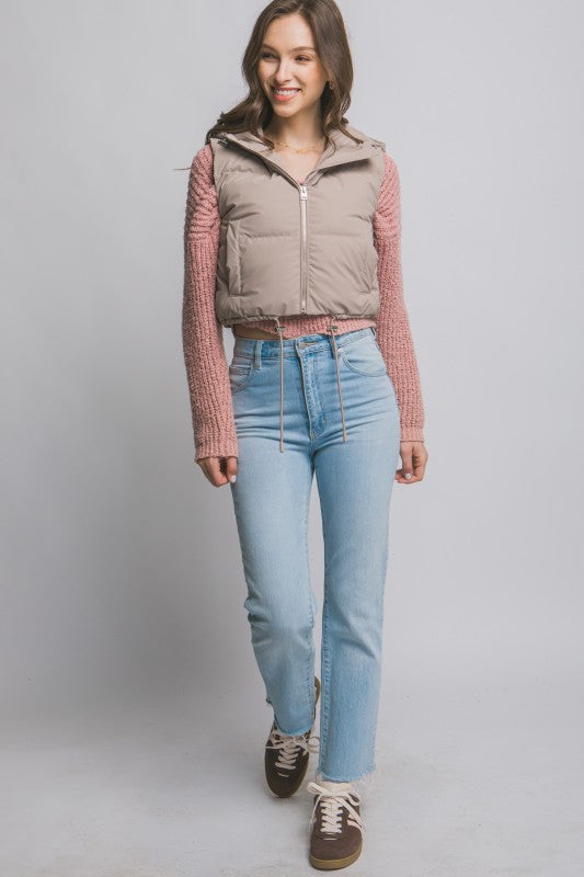 Cropped Puffer Vest with Hood & Adjustable Drawstrings